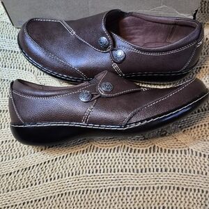 Clarks Womens Brown Leather Loafers with Button Detail